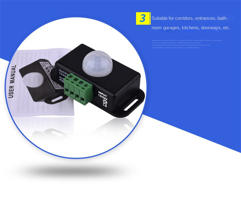 LED Motion Sensor Switch Controller – Infrared PIR Sensor for 12V/24V LED Strip Lights and Lamps