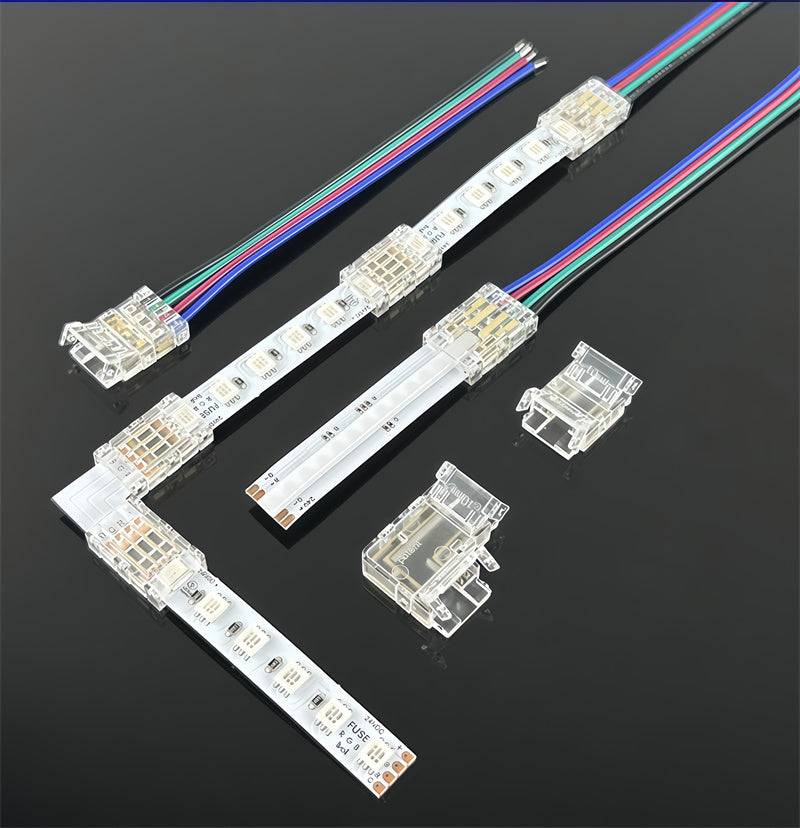 4-Pin Solderless Quick Connectors for 8mm & 10mm RGB COB/SMD LED Light Strips – Ultra-Thin Transparent Crystal Clips