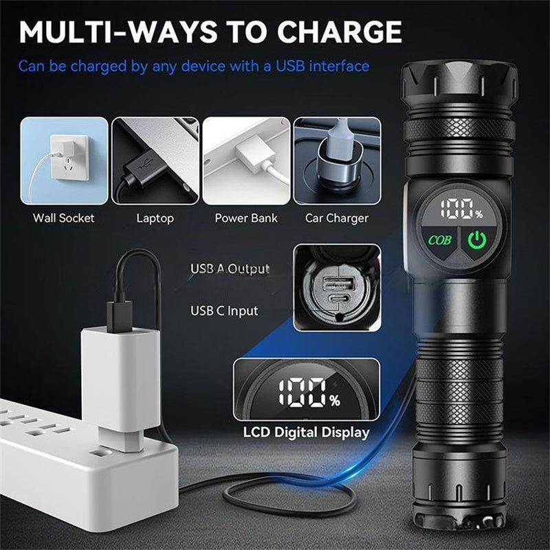 UltraBright Pro Aluminum Magnetic Work Flashlight — Long-Lasting Power, Side Light, Digital Display, Laser Beam