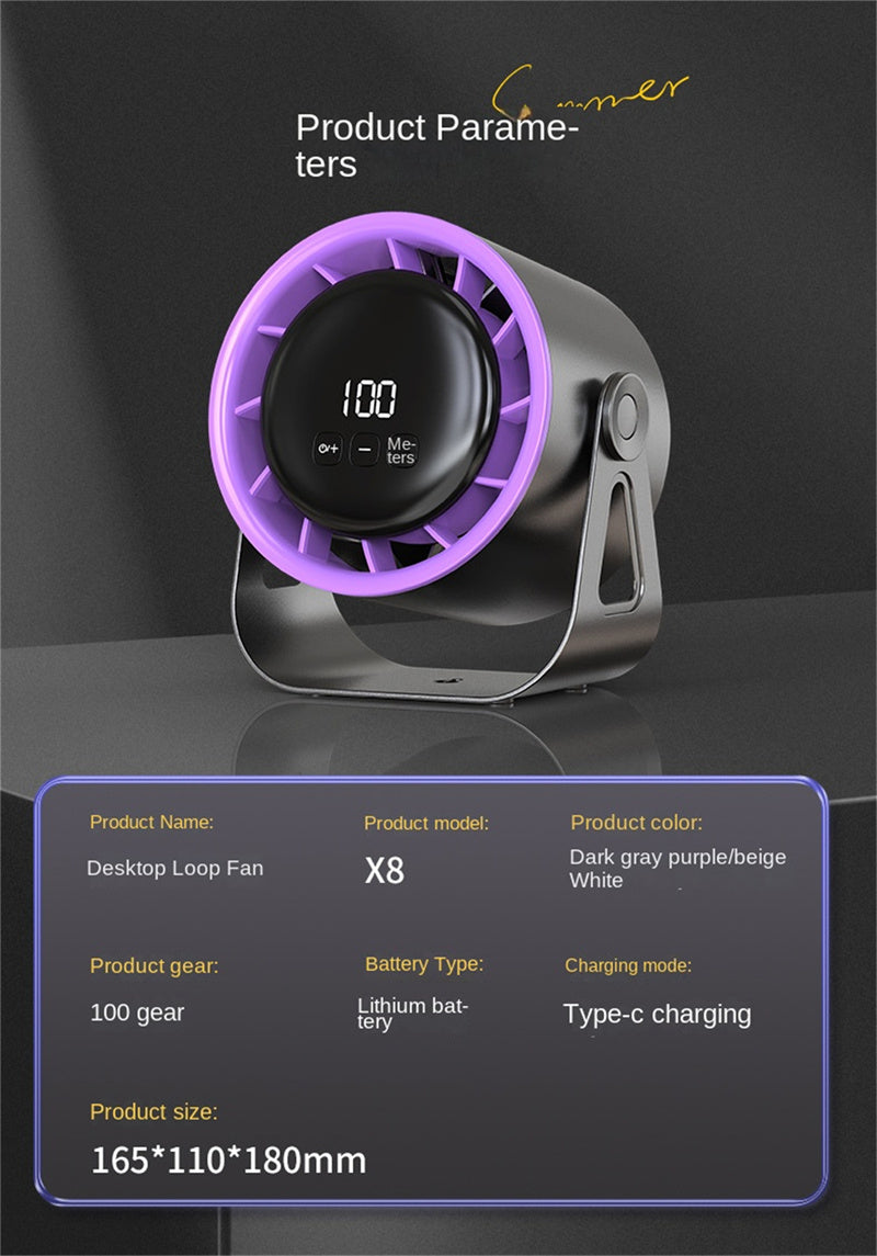 Smart 100-Speed Rechargeable Desk Fan 6" Turbo Circulator with Night Light & LED Display