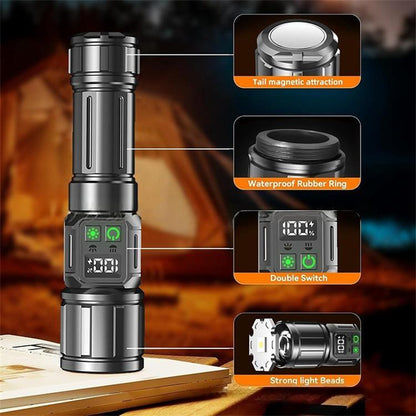 UltraBright Pro Aluminum Magnetic Work Flashlight — Long-Lasting Power, Side Light, Digital Display, Laser Beam