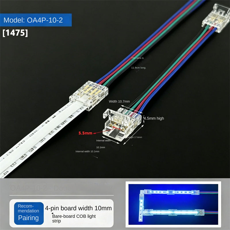 4-Pin Solderless Quick Connectors for 8mm & 10mm RGB COB/SMD LED Light Strips – Ultra-Thin Transparent Crystal Clips