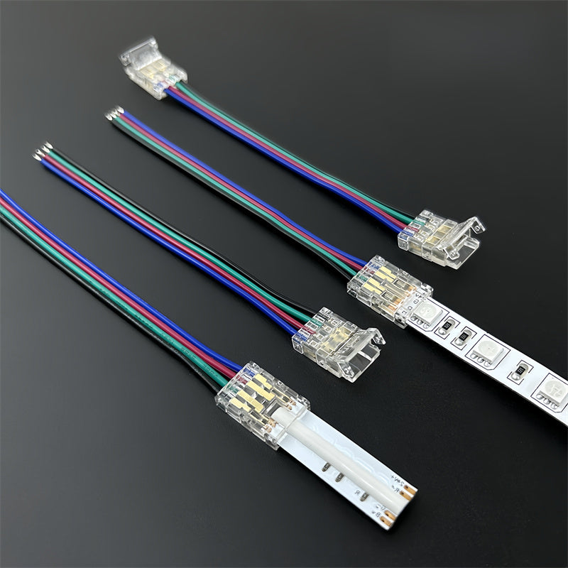 4-Pin Solderless Quick Connectors for 8mm & 10mm RGB COB/SMD LED Light Strips – Ultra-Thin Transparent Crystal Clips