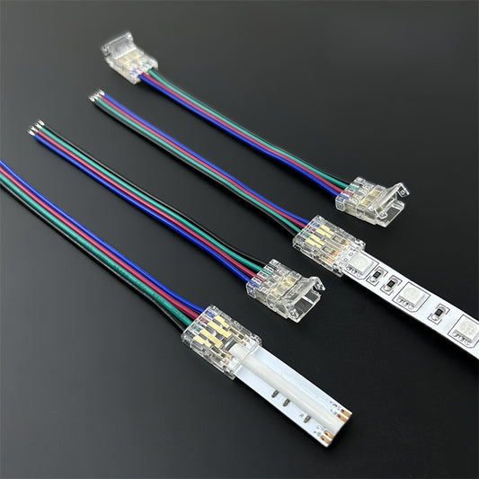 4-Pin Solderless Quick Connectors Jumper Wires  for 8mm & 10mm RGB COB/SMD LED Light Strips – Ultra-Thin Transparent Crystal Clips