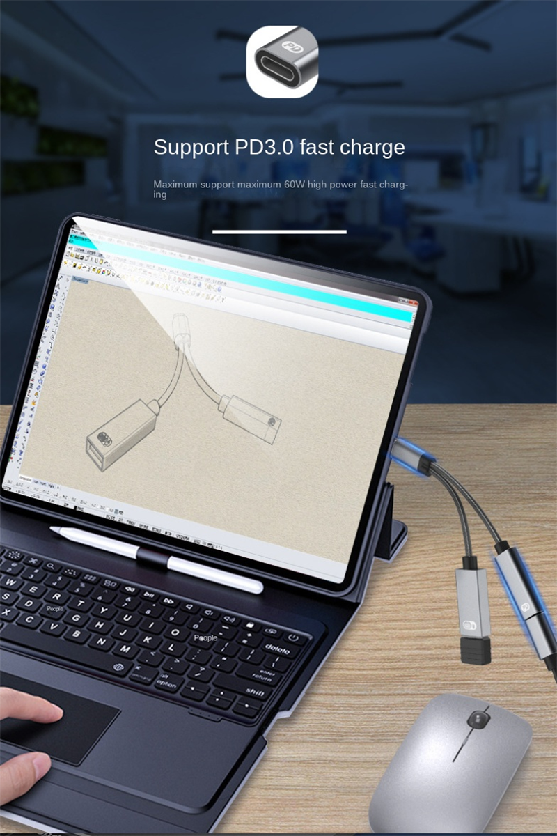 2-in-1 Multifunctional Adaptor 60W Fast Charging Type-C to USB OTG Converter Suitable for Apple 16 Connector