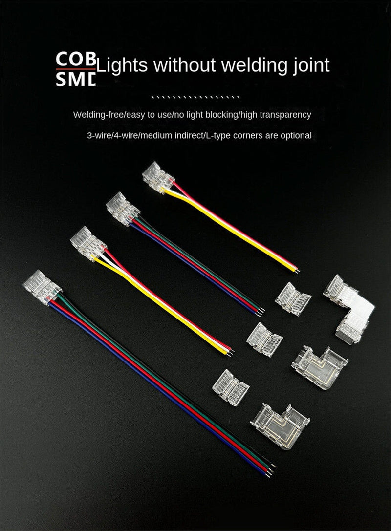 3-Pin Solderless Quick Connectors for CCT Dual-White & Chasing Flowing COB/SMD LED Strips – Ultra-Thin Transparent Clips