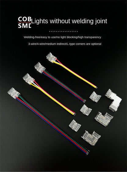 3-Pin Solderless Quick Connectors for CCT Dual-White & Chasing Flowing COB/SMD LED Strips – Ultra-Thin Transparent Clips