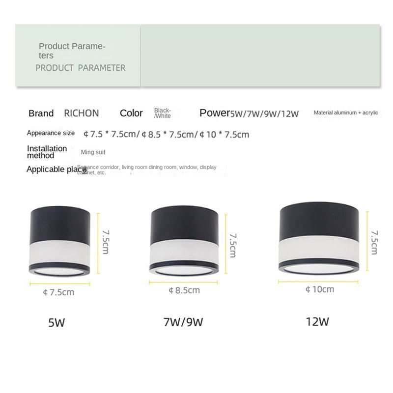 Side-Emitting Surface-Mounted LED Downlight · No-Cut Installation · 3-Color Switchable (Warm/Neutral/Cool) · 5W/7W/12W · Hallway, Bedroom, Living Room