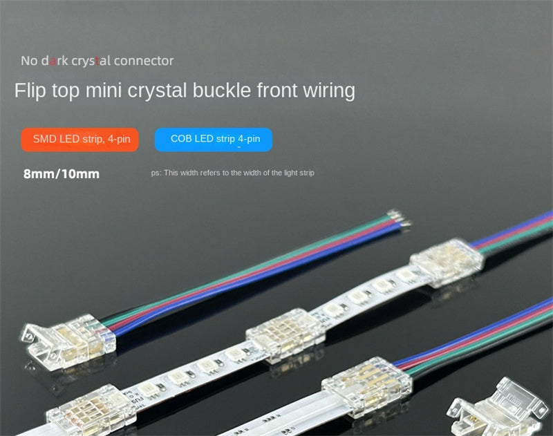 4-Pin Solderless Quick Connectors for 8mm & 10mm RGB COB/SMD LED Light Strips – Ultra-Thin Transparent Crystal Clips