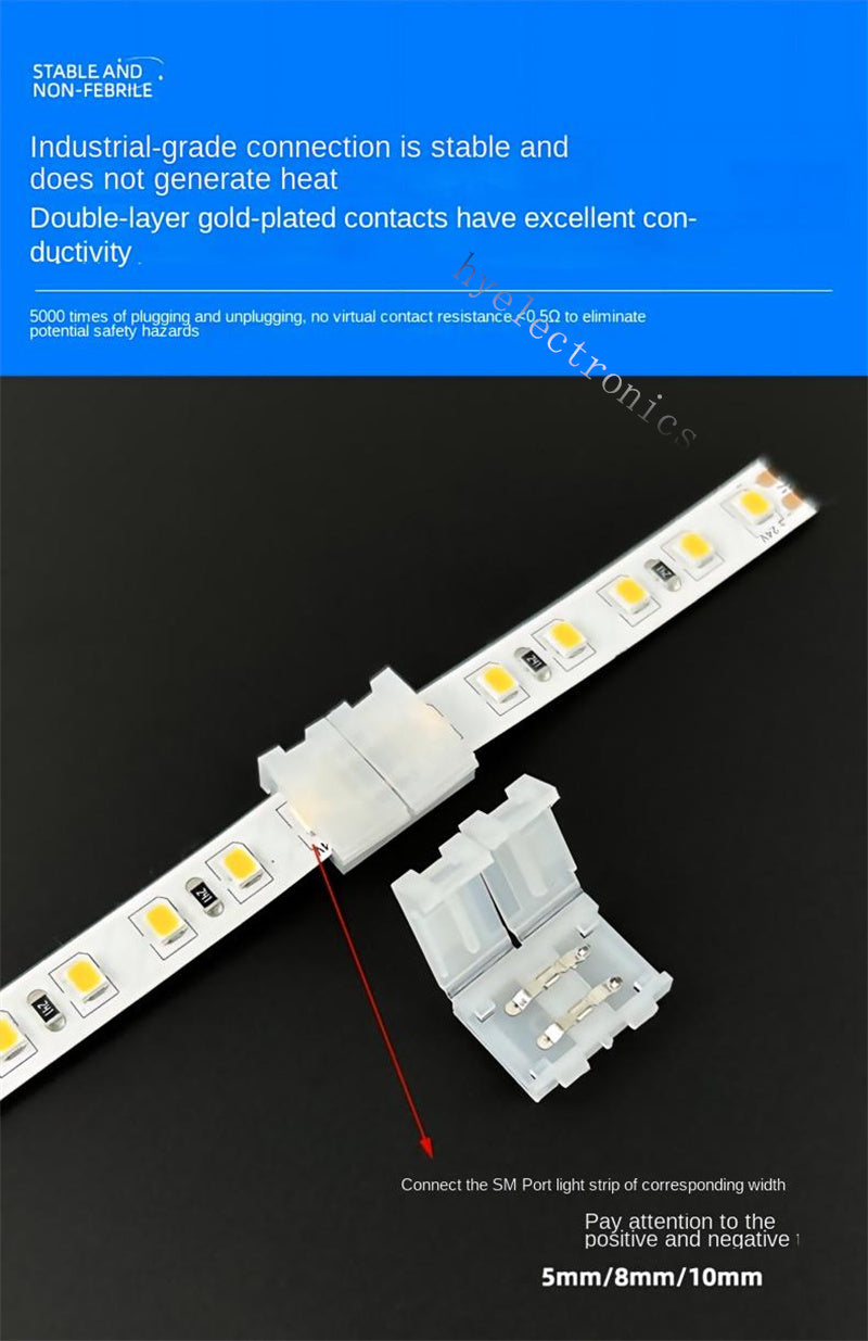 2-Pin Solderless Quick Press-Fit Connectors for 5V 12V 24V COB & SMD Bare LED Light Strips