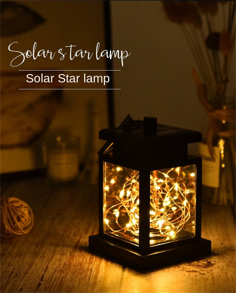 Solar lantern illuminating patio at night
