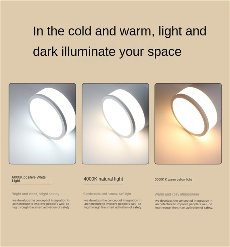 Side-Emitting Surface-Mounted LED Downlight · No-Cut Installation · 3-Color Switchable (Warm/Neutral/Cool) · 5W/7W/12W · Hallway, Bedroom, Living Room