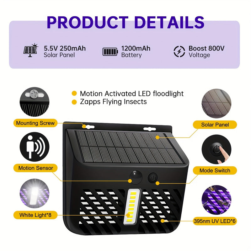 Solar Powered Outdoor Mosquito Killer Lamp Waterproof Electric Bug Zapper with LED Light for Garden, Patio, Yard & Villa