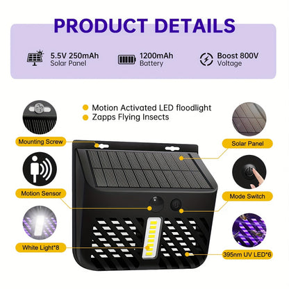 Solar Powered Outdoor Mosquito Killer Lamp Waterproof Electric Bug Zapper with LED Light for Garden, Patio, Yard & Villa