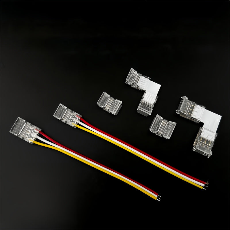 3-Pin Solderless Quick Connectors for CCT Dual-White & Chasing Flowing COB/SMD LED Strips – Ultra-Thin Transparent Clips