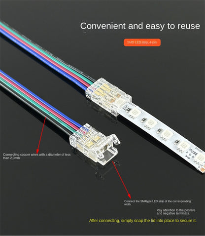 4-Pin Solderless Quick Connectors for 8mm & 10mm RGB COB/SMD LED Light Strips – Ultra-Thin Transparent Crystal Clips