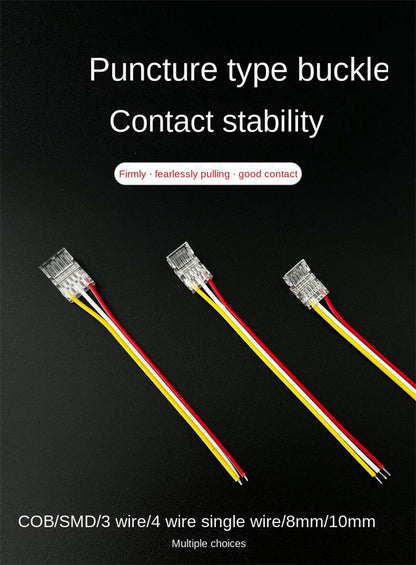 3-Pin Solderless Quick Connectors for CCT Dual-White & Chasing Flowing COB/SMD LED Strips – Ultra-Thin Transparent Clips