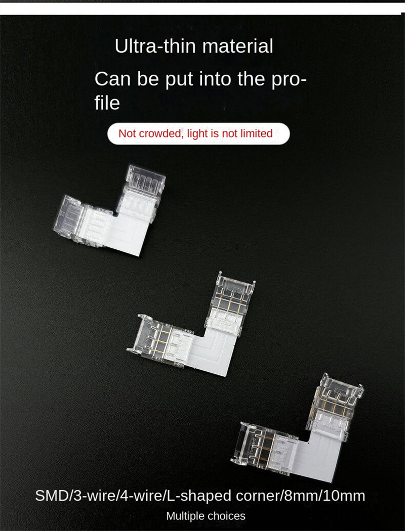 3-Pin Solderless Quick Connectors for CCT Dual-White & Chasing Flowing COB/SMD LED Strips – Ultra-Thin Transparent Clips