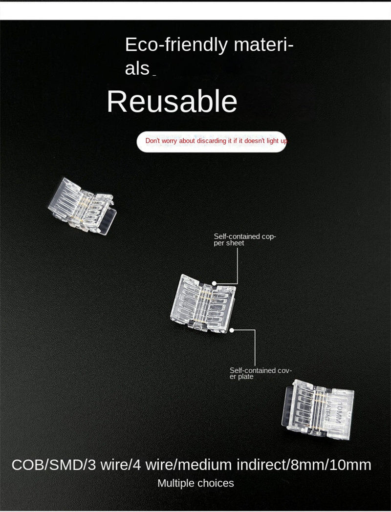 3-Pin Solderless Quick Connectors for CCT Dual-White & Chasing Flowing COB/SMD LED Strips – Ultra-Thin Transparent Clips
