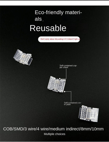 3-Pin Solderless Quick Connectors for CCT Dual-White & Chasing Flowing COB/SMD LED Strips – Ultra-Thin Transparent Clips