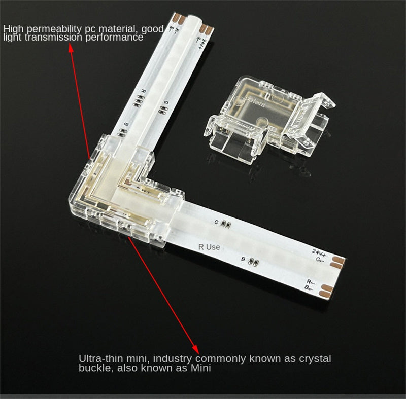4-Pin Solderless Quick Connectors for 8mm & 10mm RGB COB/SMD LED Light Strips – Ultra-Thin Transparent Crystal Clips