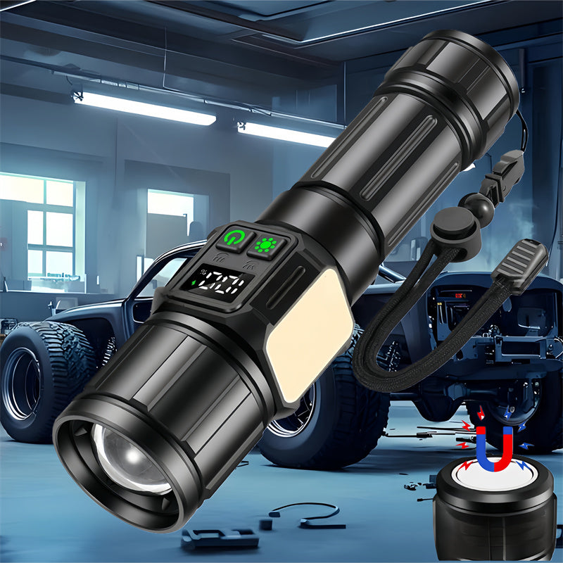 UltraBright Pro Aluminum Magnetic Work Flashlight — Long-Lasting Power, Side Light, Digital Display, Laser Beam