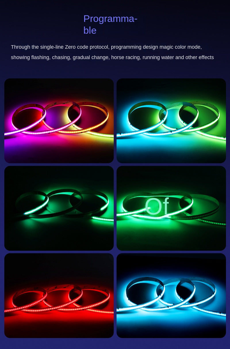 10mm RGBIC COB LED Light Strip – Programmable Chasing Flow Effect, Dotless Ambient Tape Lighting for DIY, or Home Decor.