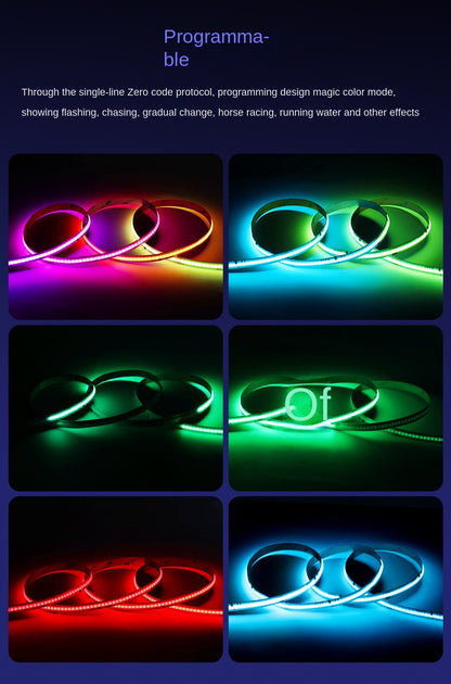 10mm RGBIC COB LED Light Strip – Programmable Chasing Flow Effect, Dotless Ambient Tape Lighting for DIY, or Home Decor.
