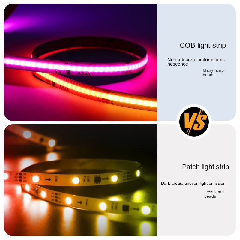 10mm RGBIC COB LED Light Strip – Programmable Chasing Flow Effect, Dotless Ambient Tape Lighting for DIY, or Home Decor.