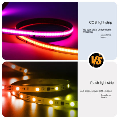 10mm RGBIC COB LED Light Strip – Programmable Chasing Flow Effect, Dotless Ambient Tape Lighting for DIY, or Home Decor.