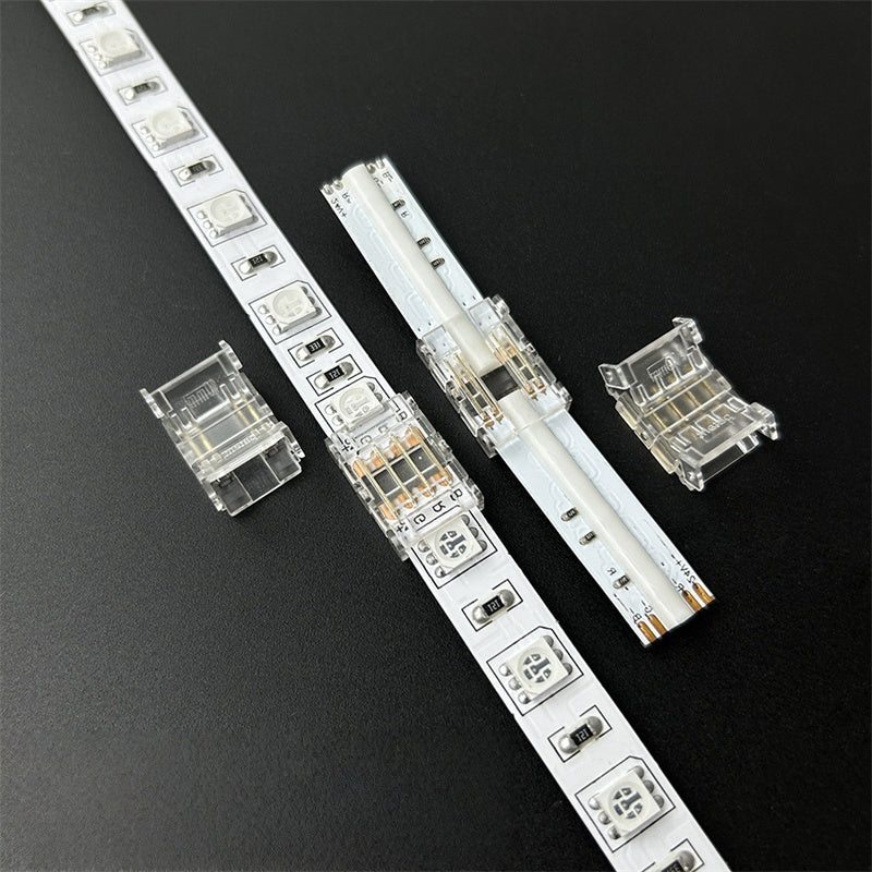 4-Pin Solderless Quick Connectors for 8mm & 10mm RGB COB/SMD LED Light Strips – Ultra-Thin Transparent Crystal Clips