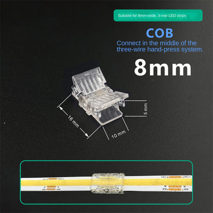 3-Pin Solderless Quick Connectors for CCT Dual-White & Chasing Flowing COB/SMD LED Strips – Ultra-Thin Transparent Clips