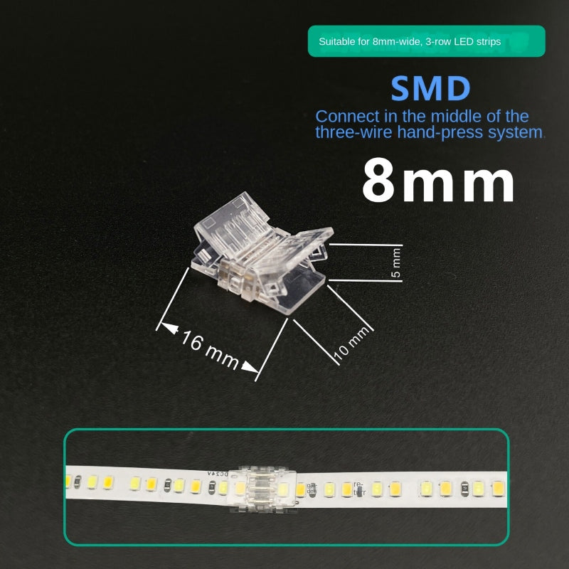 3-Pin Solderless Quick Connectors for CCT Dual-White & Chasing Flowing COB/SMD LED Strips – Ultra-Thin Transparent Clips