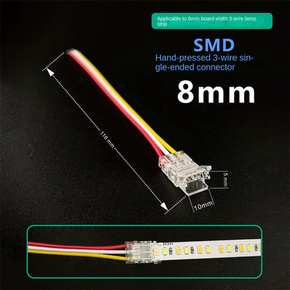 3-Pin Solderless Quick Connectors for CCT Dual-White & Chasing Flowing COB/SMD LED Strips – Ultra-Thin Transparent Clips
