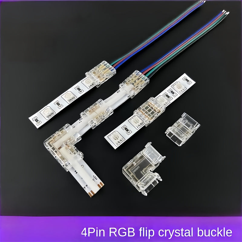4-Pin Solderless Quick Connectors for 8mm & 10mm RGB COB/SMD LED Light Strips – Ultra-Thin Transparent Crystal Clips