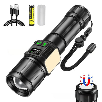 UltraBright Pro Aluminum Magnetic Work Flashlight — Long-Lasting Power, Side Light, Digital Display, Laser Beam
