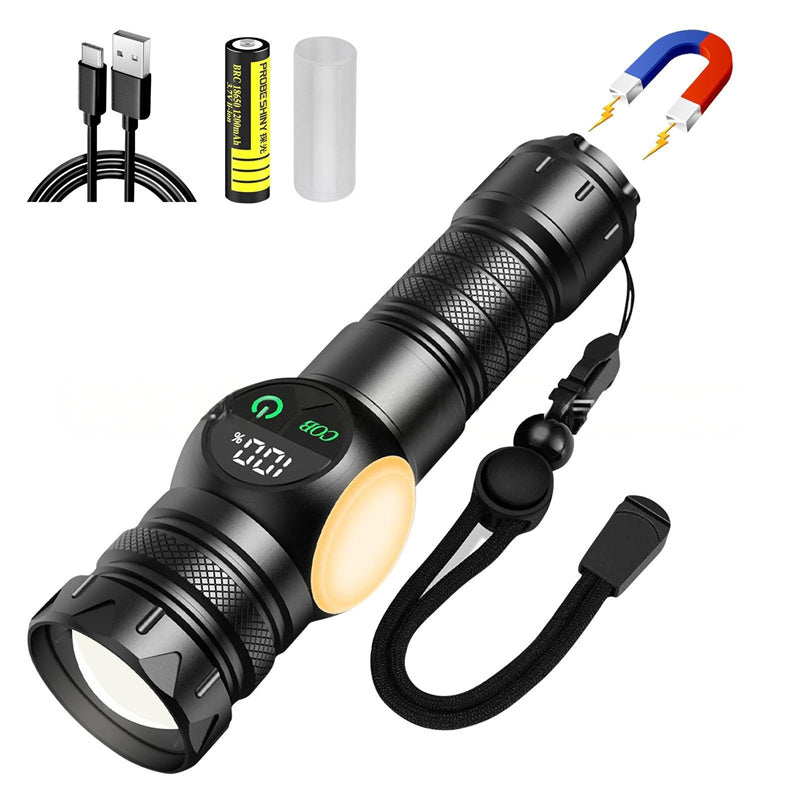 UltraBright Pro Aluminum Magnetic Work Flashlight — Long-Lasting Power, Side Light, Digital Display, Laser Beam