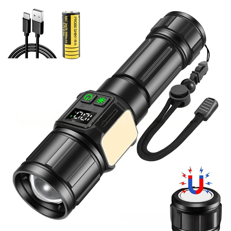 UltraBright Pro Aluminum Magnetic Work Flashlight — Long-Lasting Power, Side Light, Digital Display, Laser Beam