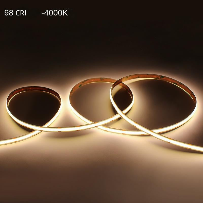 8mm COB LED Strip Light – 98 CRI Flicker-Free White Light, Low Voltage Adhesive LED Tape for Indoor Ambient & Task Lighting