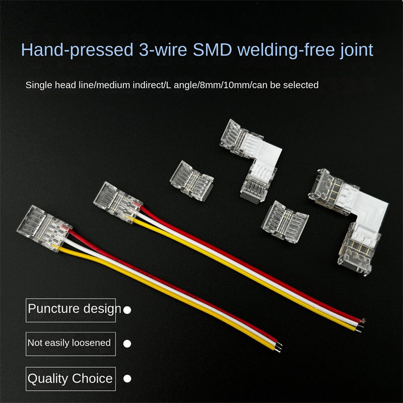 3-Pin Solderless Quick Connectors for CCT Dual-White & Chasing Flowing COB/SMD LED Strips – Ultra-Thin Transparent Clips