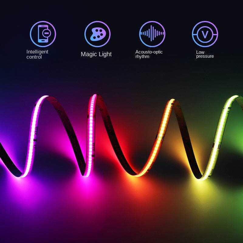 10mm RGBIC COB LED Light Strip – Programmable Chasing Flow Effect, Dotless Ambient Tape Lighting for DIY, or Home Decor.