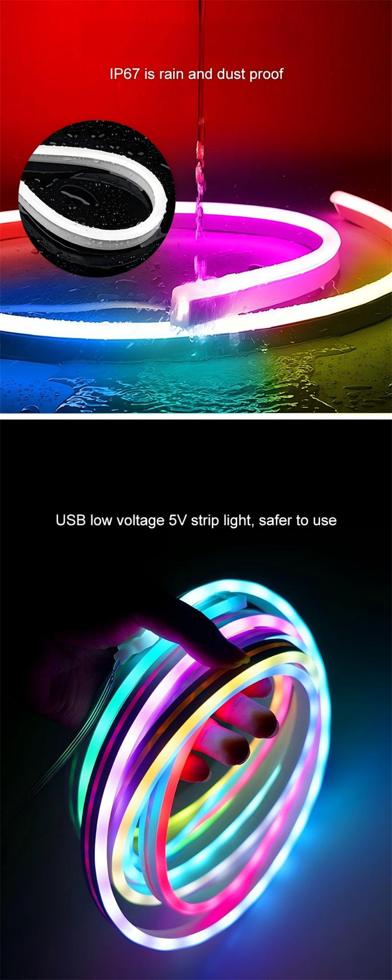 5V Bluetooth APP RGB Neon LED Strip – Music Sync, Outdoor Rain-Resistant Flexible Flow Light