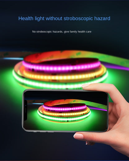 10mm RGBIC COB LED Light Strip – Programmable Chasing Flow Effect, Dotless Ambient Tape Lighting for DIY, or Home Decor.
