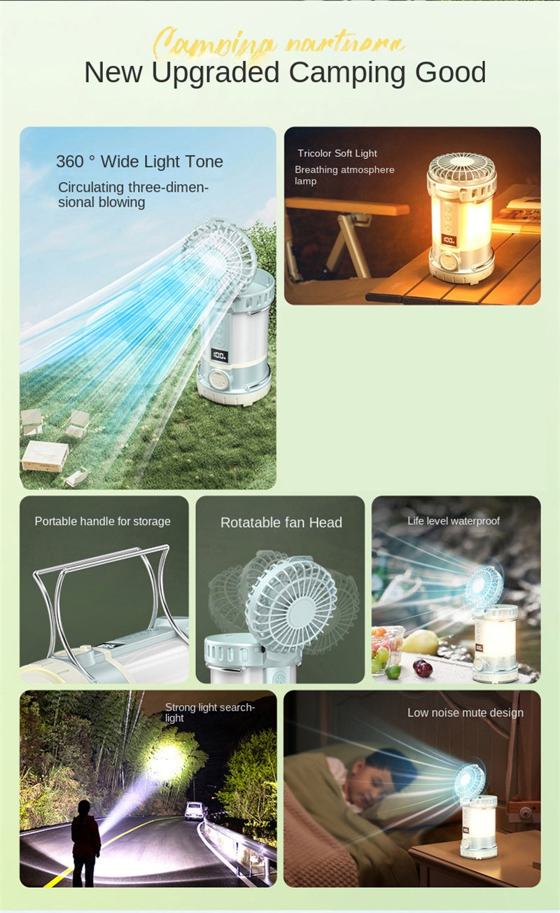 Rechargeable Camping Fan Lantern with LED Light – Multifunctional Portable Tent Lamp with Digital Display & Ambient Mode