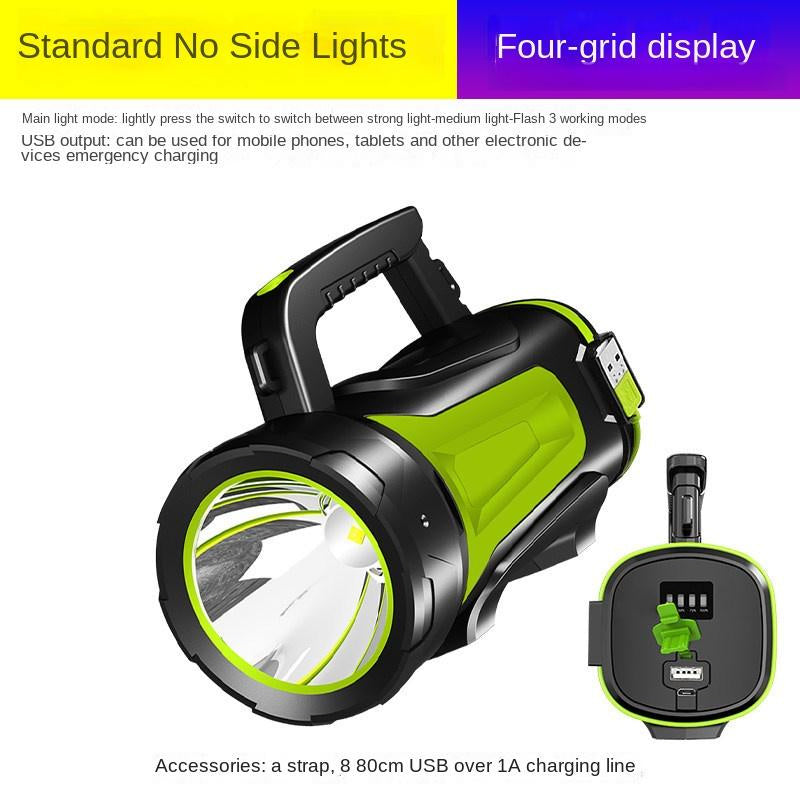 High-Power Rechargeable Searchlight – Long-Range LED Spotlight with Side Lamp Portable Waterproof Emergency Flashlight