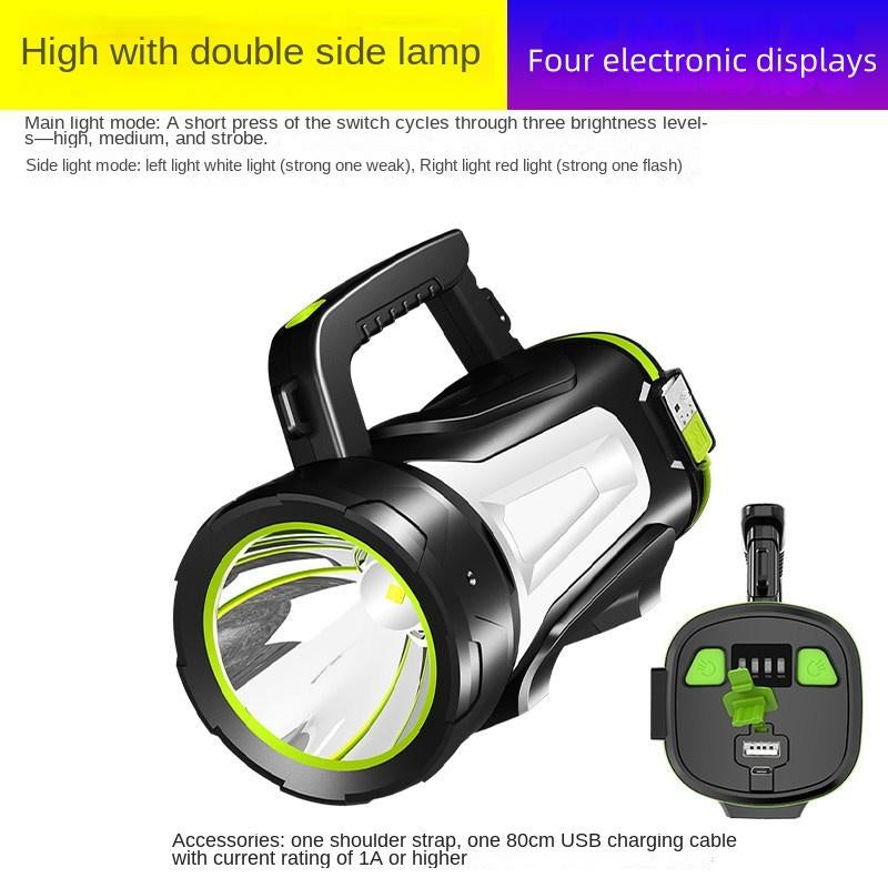 High-Power Rechargeable Searchlight – Long-Range LED Spotlight with Side Lamp Portable Waterproof Emergency Flashlight