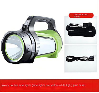 High-Power Rechargeable Searchlight – Long-Range LED Spotlight with Side Lamp Portable Waterproof Emergency Flashlight