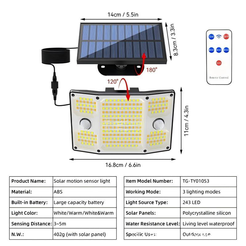Ultra-Bright LED Solar Motion Sensor Light  IP65 Waterproof Split-Design Garden Wall Lamp